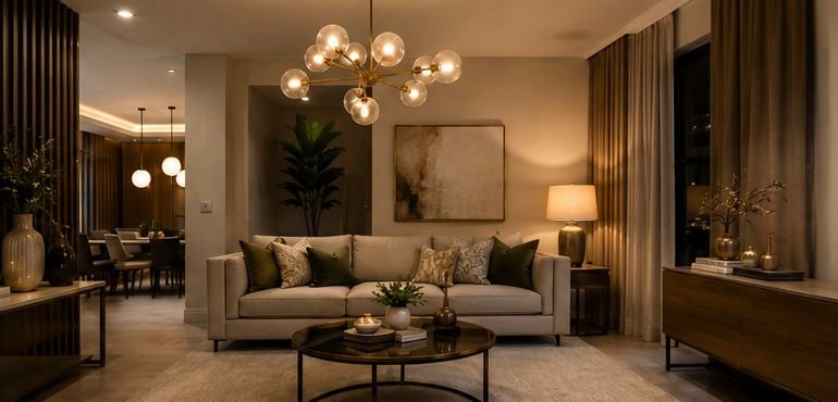 Elegant living room with warm decorative lighting