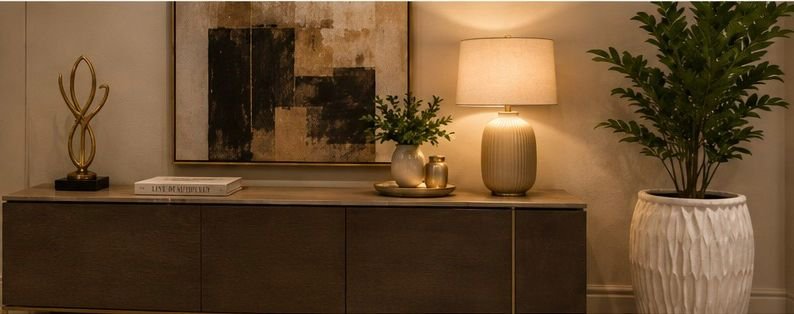 Elegant minimalist home decor with sculpture, plant and statement artwork